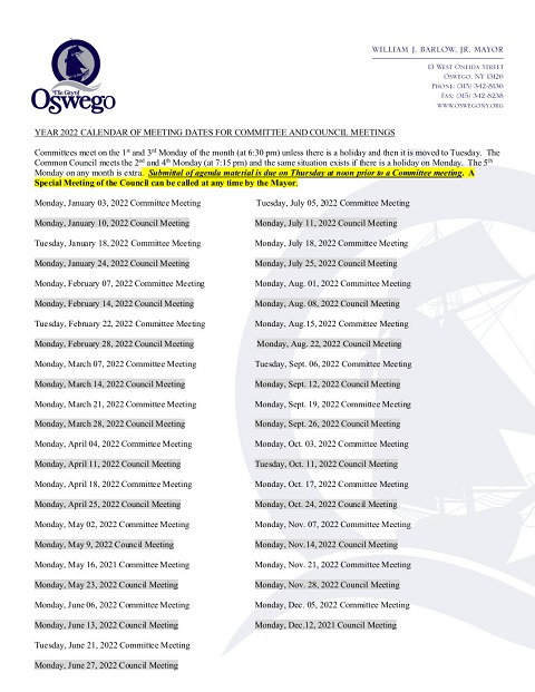 2022 Meeting Calendar City of Oswego